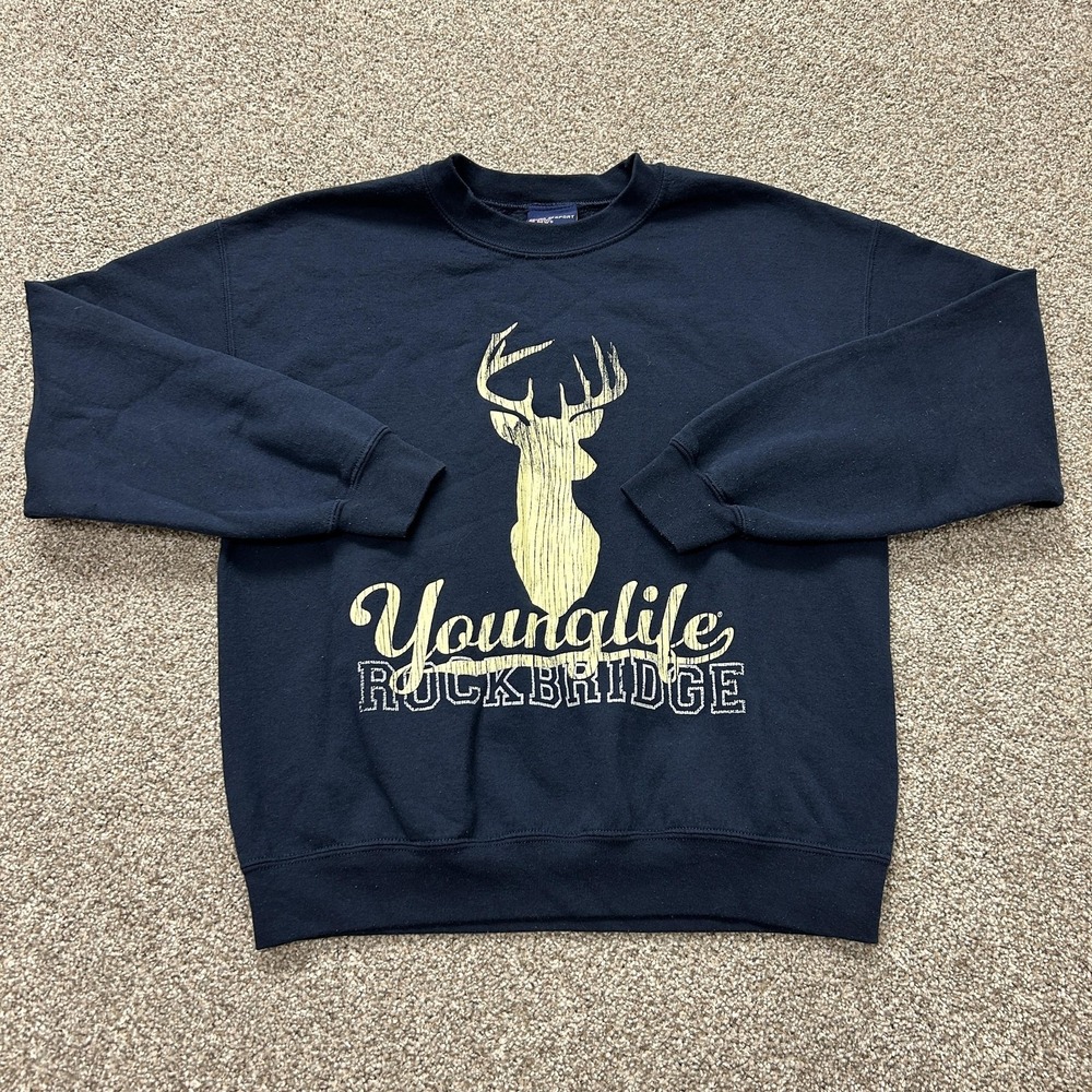 Younglife Rockbridge Sweatshirt Mens Medium Blue Fleece Crewneck Deer Graphic